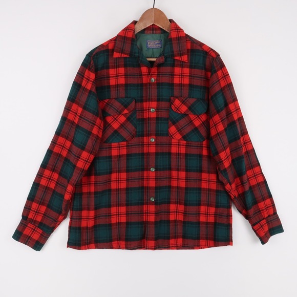 Vintage Pendleton Board Shirt Mens M Red Plaid Virgin Wool Loop Collar 60s